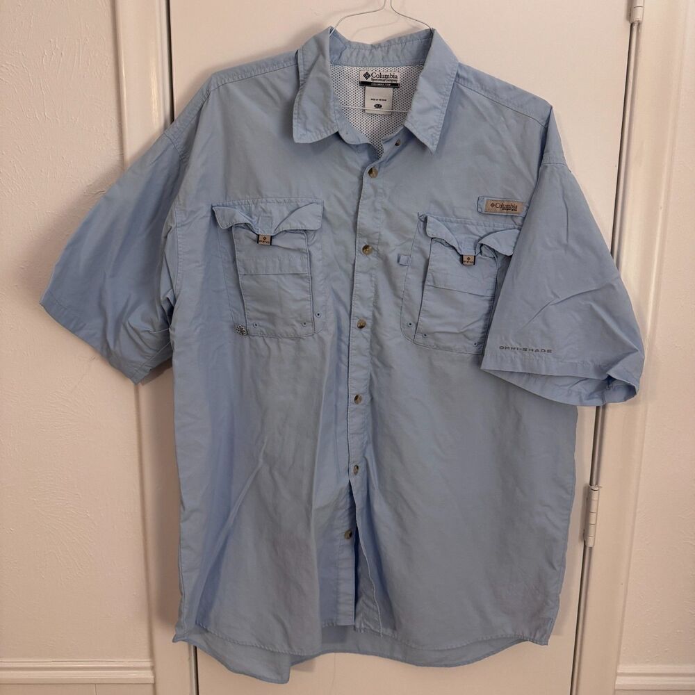 Mens XLT Columbia PFG Bahama II Short Sleeve Fishing Shirt Omni Shade Light Blue